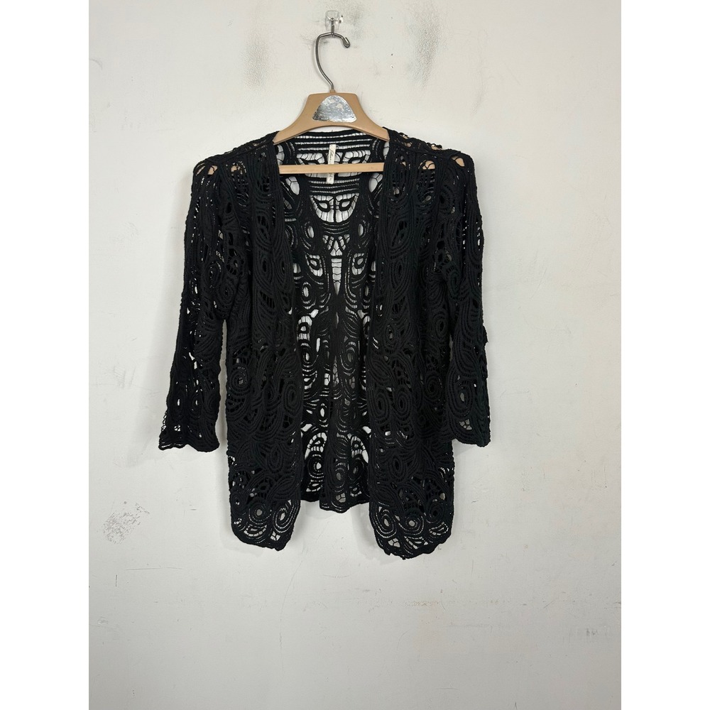 Lillian Nicole Black Cotton Crochet Open Front Cardigan Boho Lace Scroll Small